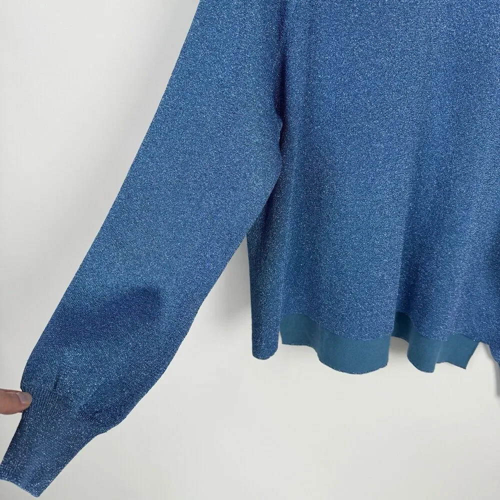 J.CREW Crew Neck Raglan Sweater Womens M Blue Metallic Shimmer Side Slit Preppy